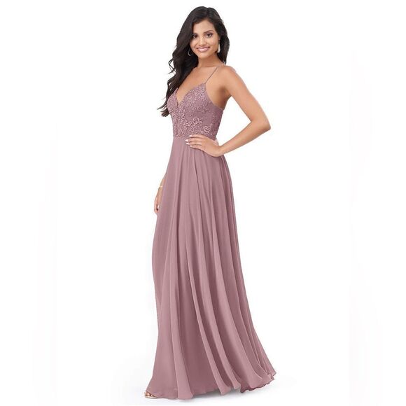 A-Line Lace Chiffon Bridesmaid Wedding Dress Dusty Rose - Picture 9 of 13